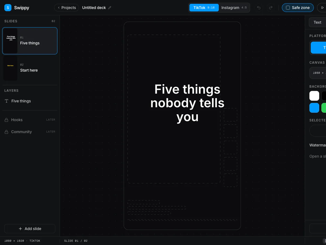 The Swippy slide grid with two slides and an add-slide tile